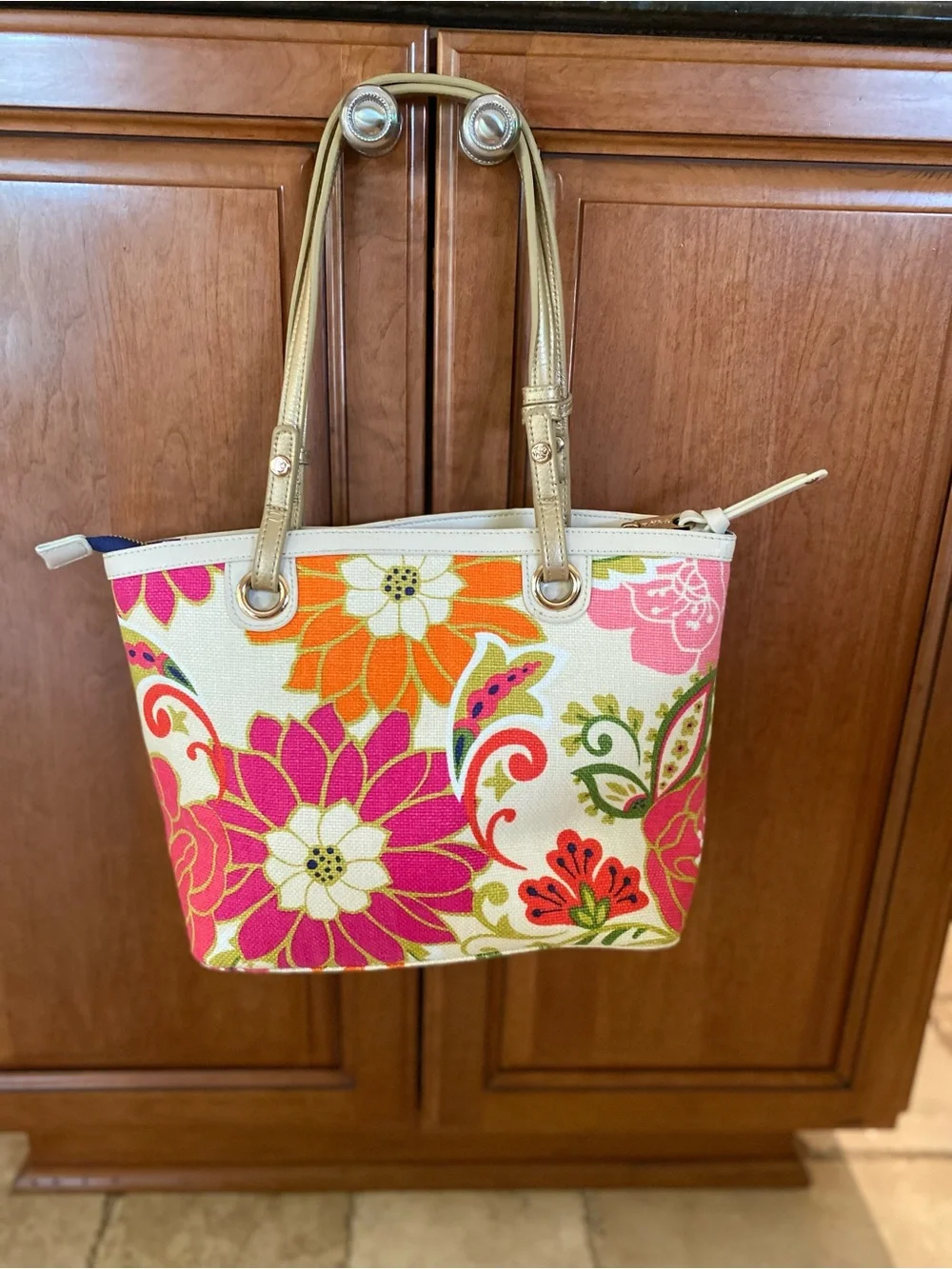 Spartina 449 Floral Canvas Tote in Pink Multi with Gold Handles